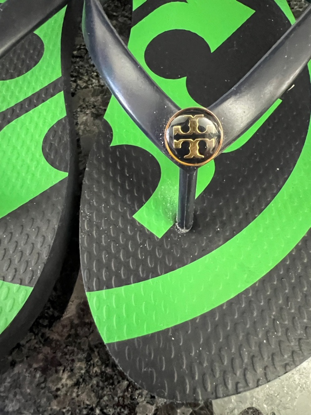 Tory Burch Navy and Neon Green Logo Flip Flops - Picture 2 of 3